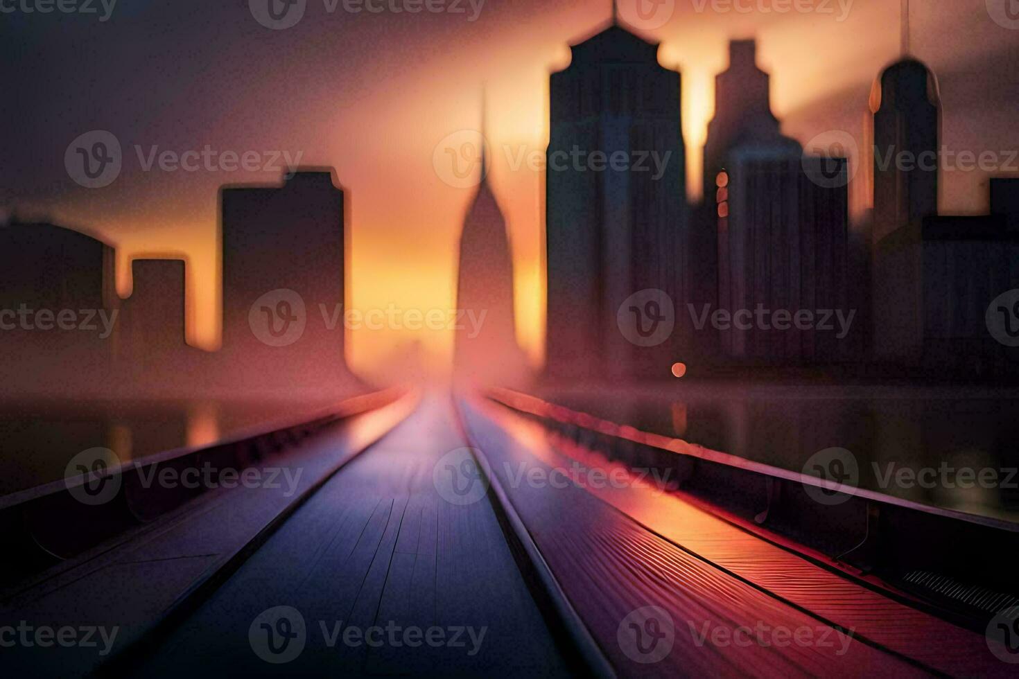 a long bridge over water with tall buildings in the background. AI-Generated photo