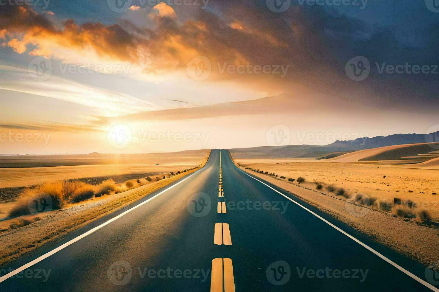 an empty road in the middle of the desert at sunset. AI-Generated photo