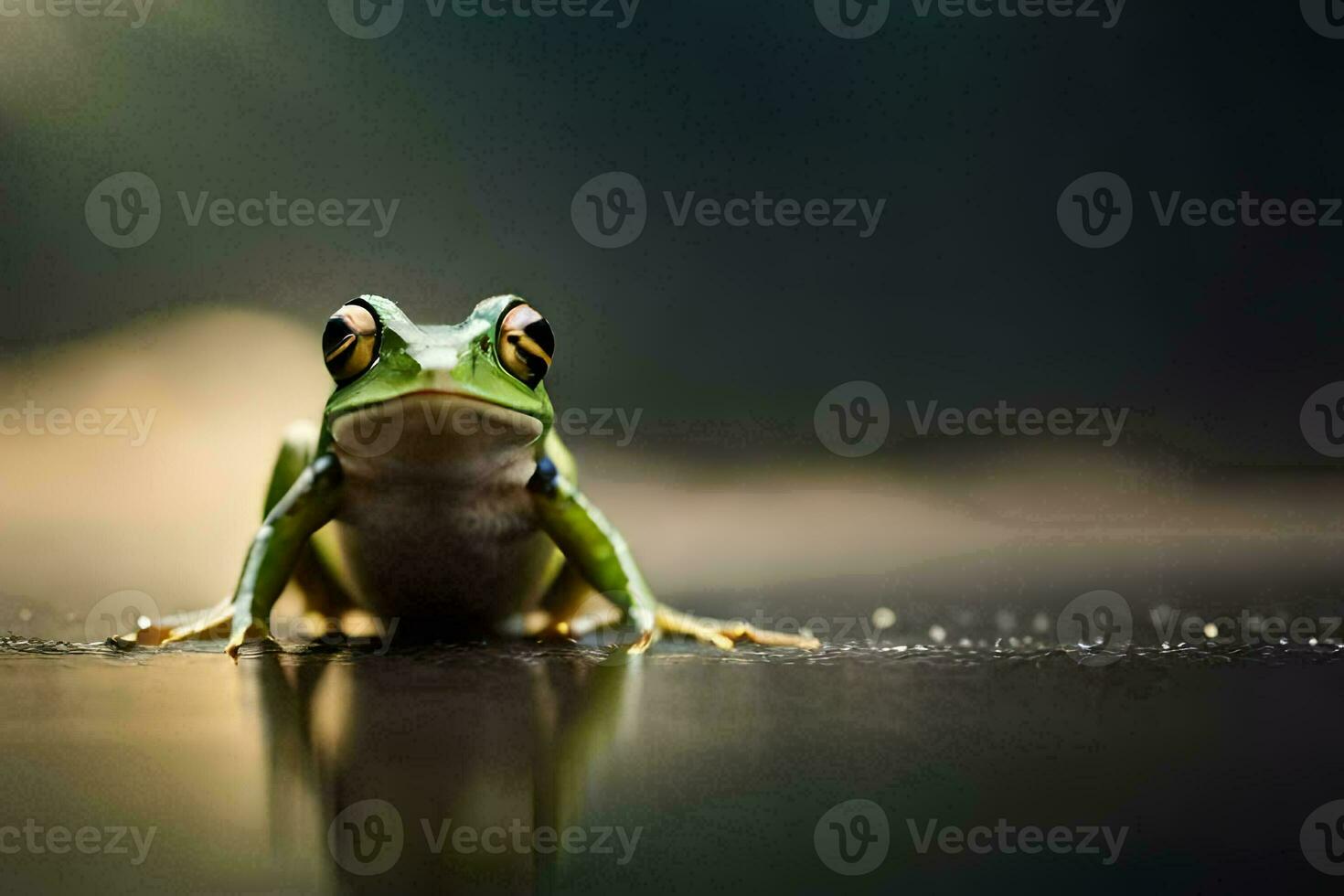 a frog sitting on a wet surface with a bright light. AI-Generated photo