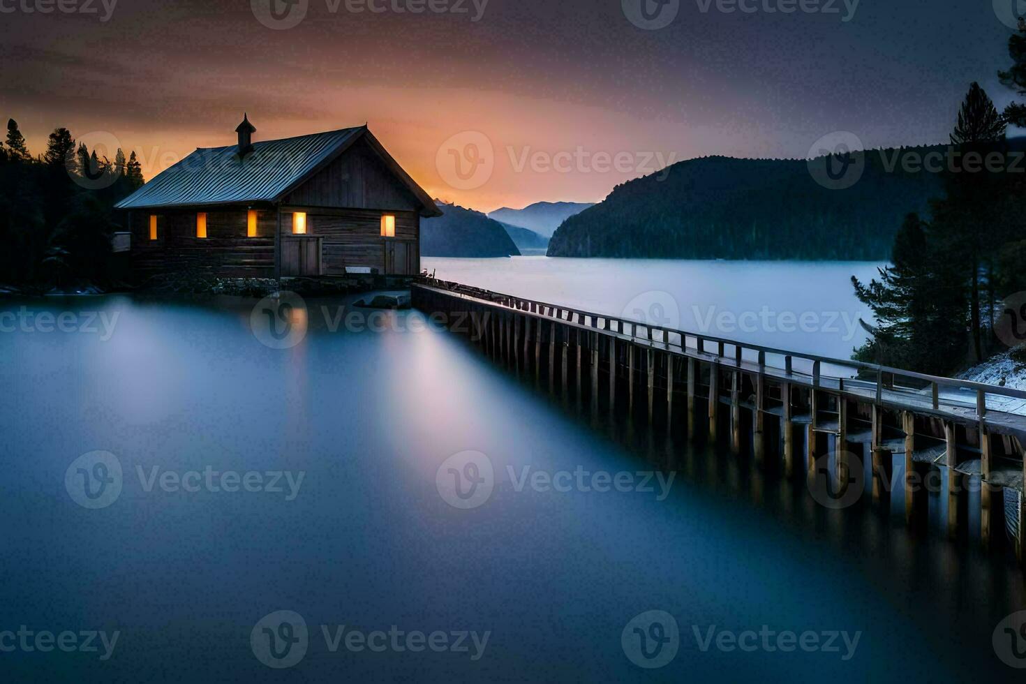 a wooden house sits on the shore of a lake at sunset. AI-Generated photo