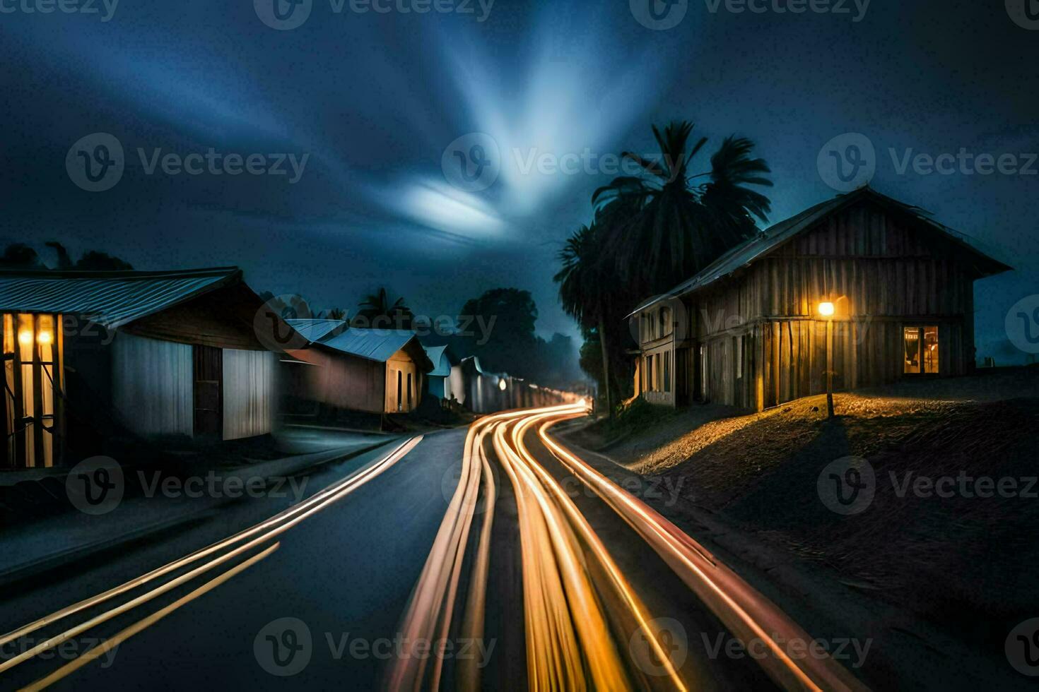 a long exposure photograph of a street at night. AI-Generated photo