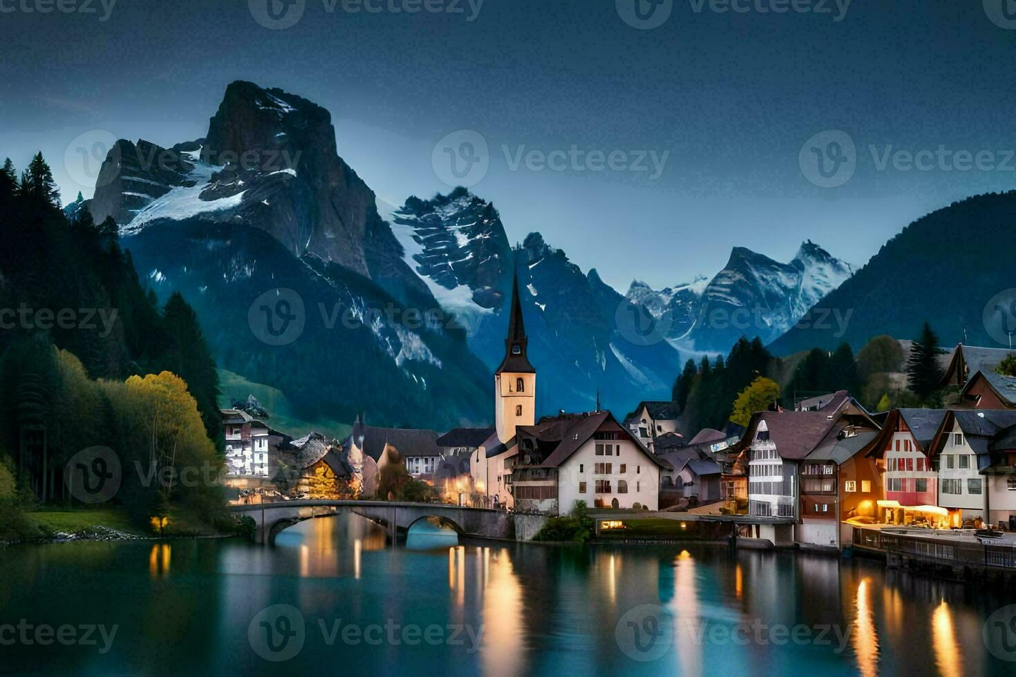 photo wallpaper the sky, mountains, water, town, house, bridge, church, mountains,. AI-Generated