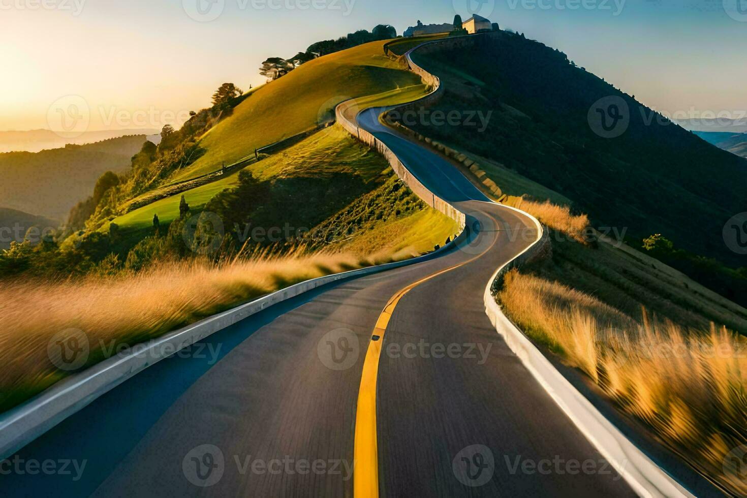 a winding road in the mountains with a sunset. AI-Generated photo