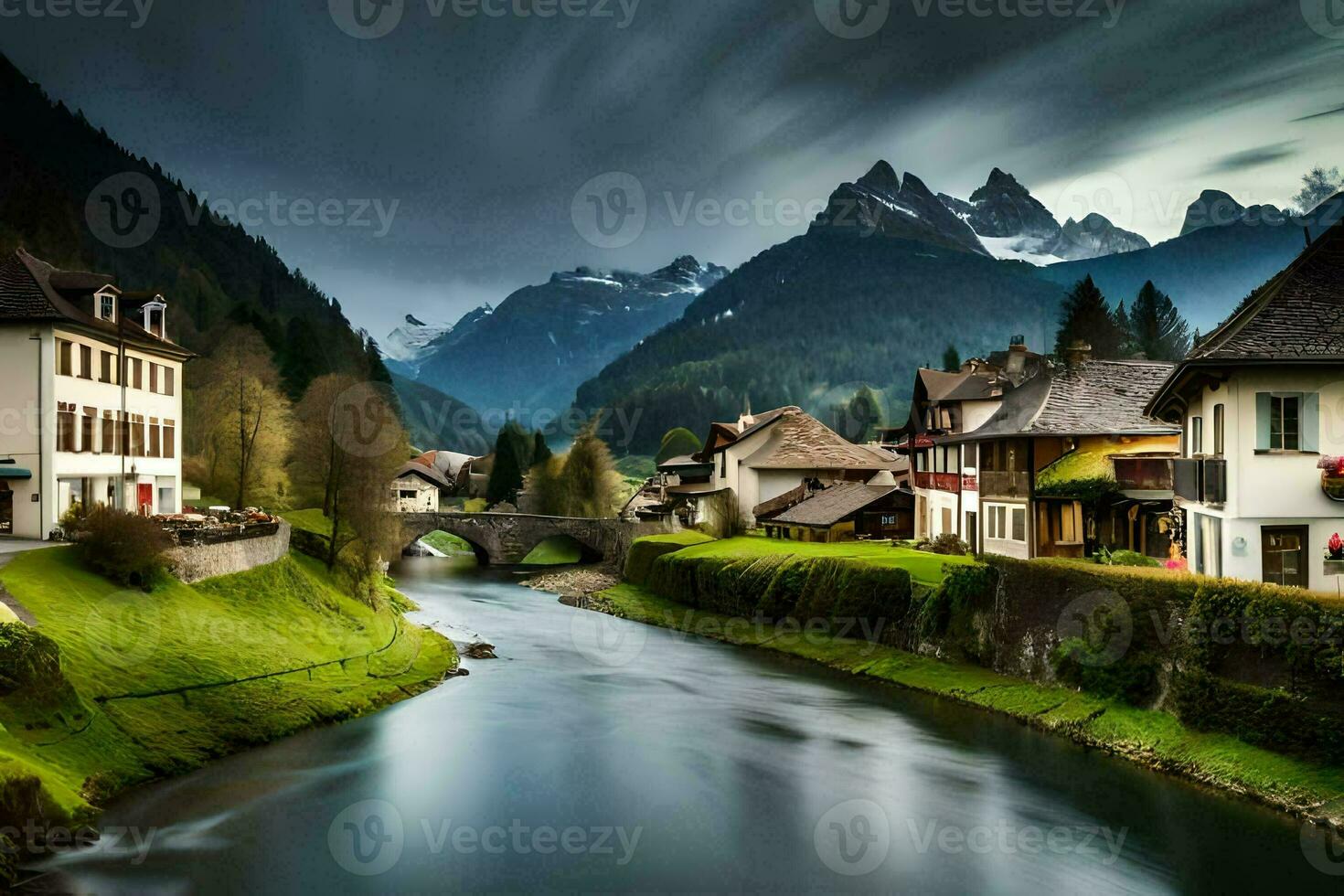 foto fondo de pantalla el cielo, montañas, río, casas, río, montañas, río, río,. generado por ai
