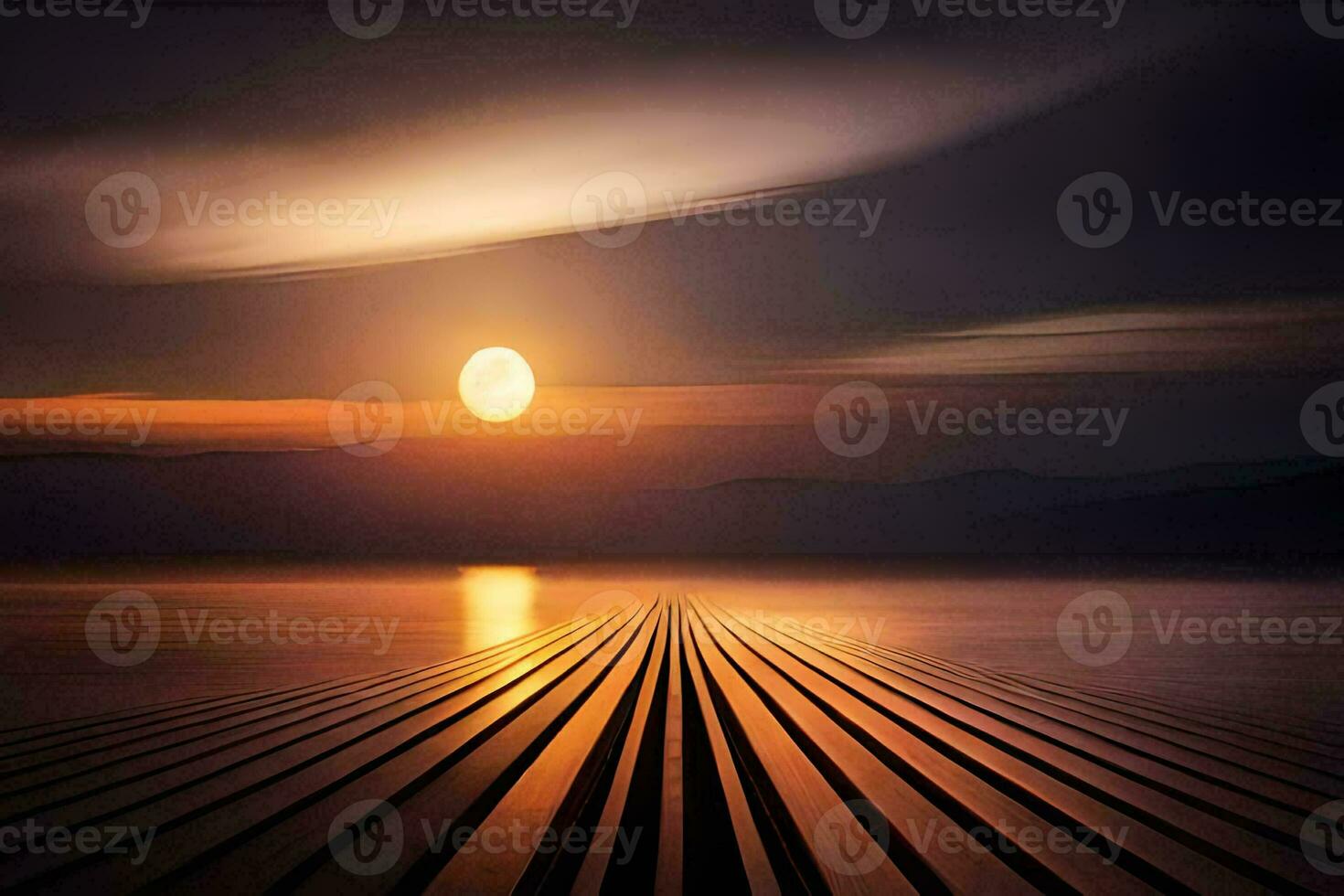 a long wooden pier with the sun setting over the water. AI-Generated photo