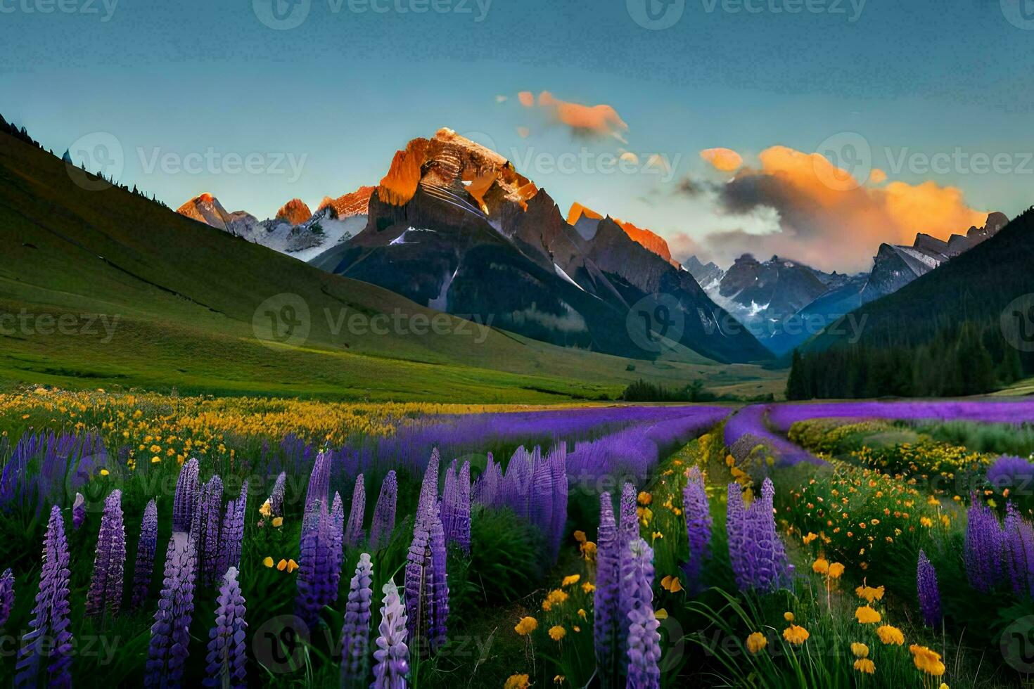 the flowers of the meadow, the mountains, and the sun. AI-Generated photo