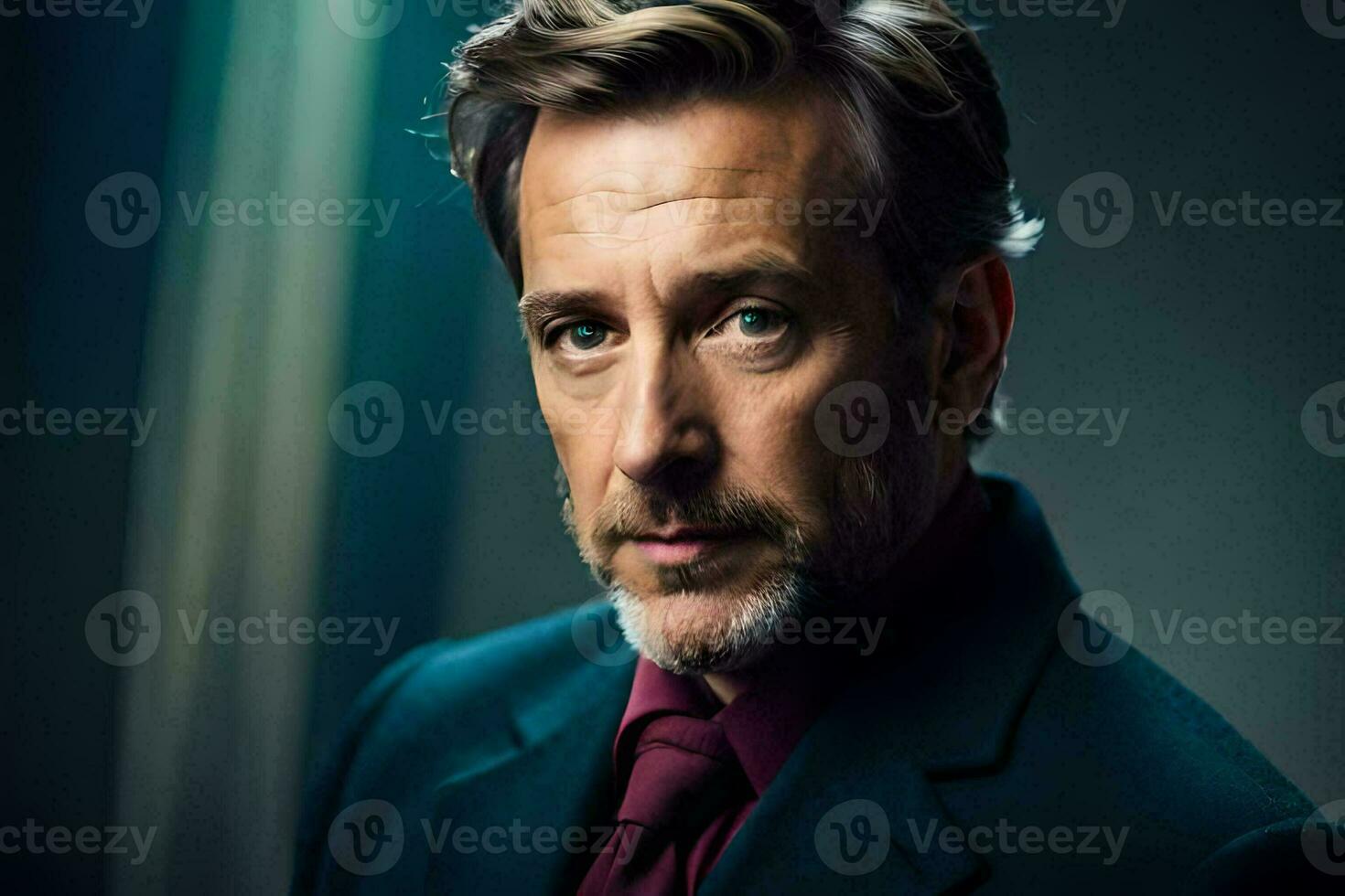 a man with a beard and suit looking into the camera. AI-Generated photo