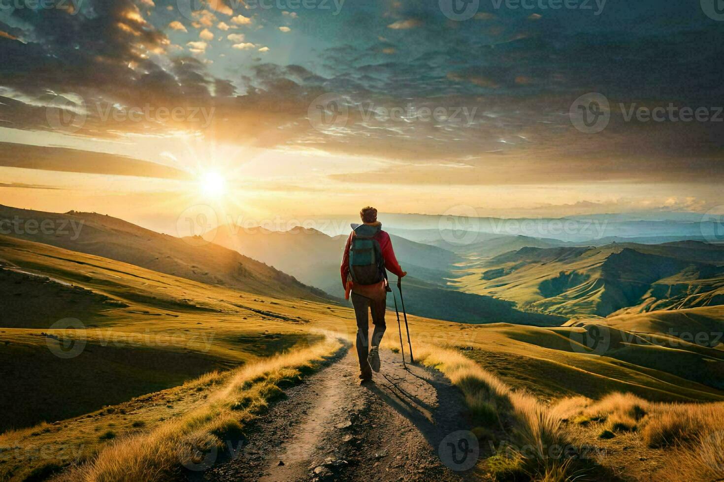 a man with a backpack walking on a trail in the mountains. AI-Generated photo