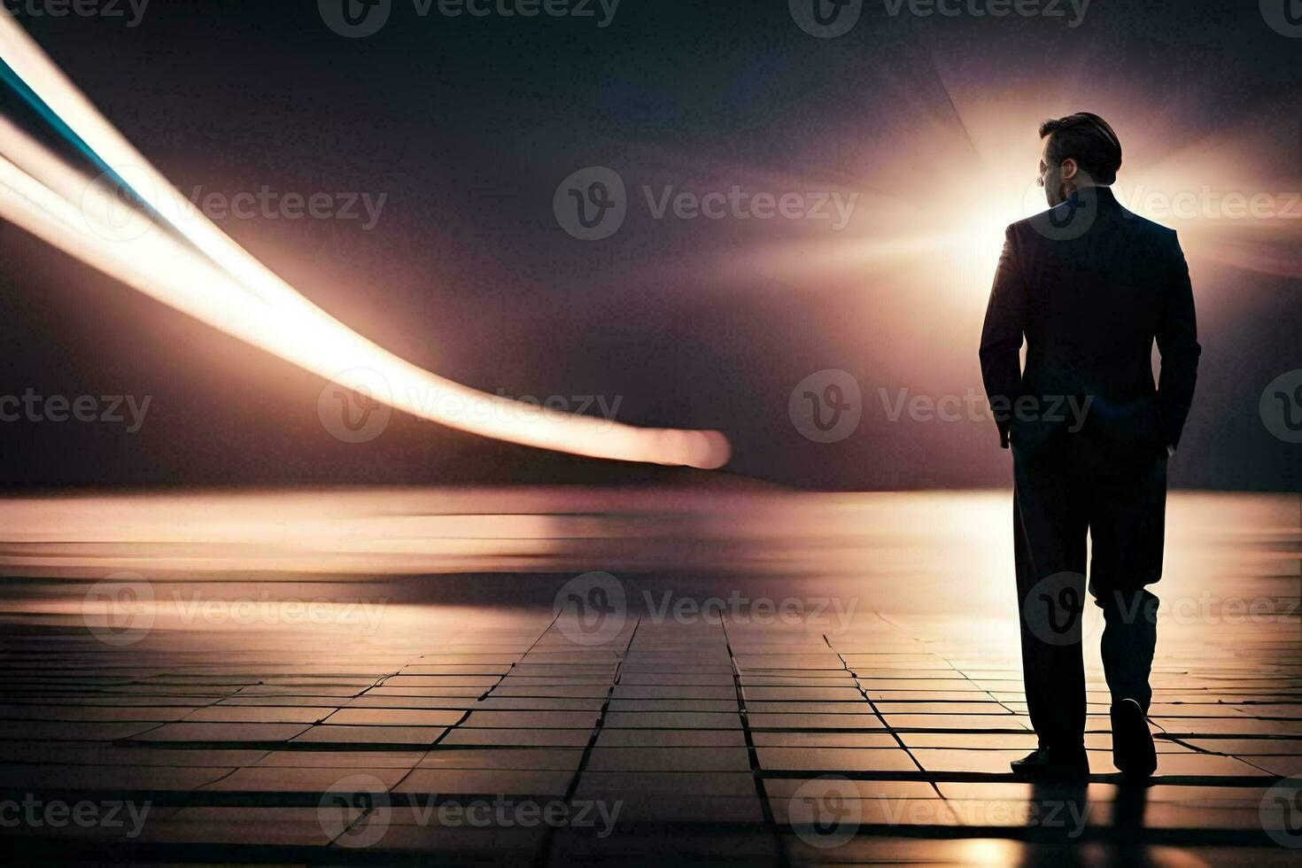 a man in a suit stands in front of a light trail. AI-Generated photo