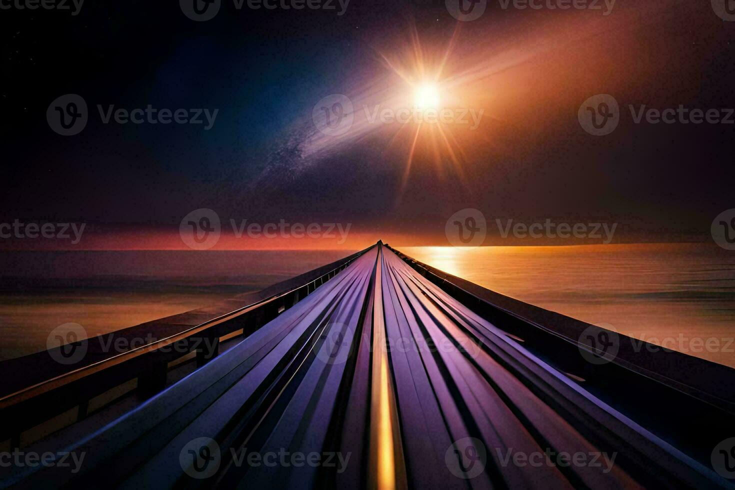 a long train track leading to the sun. AI-Generated photo