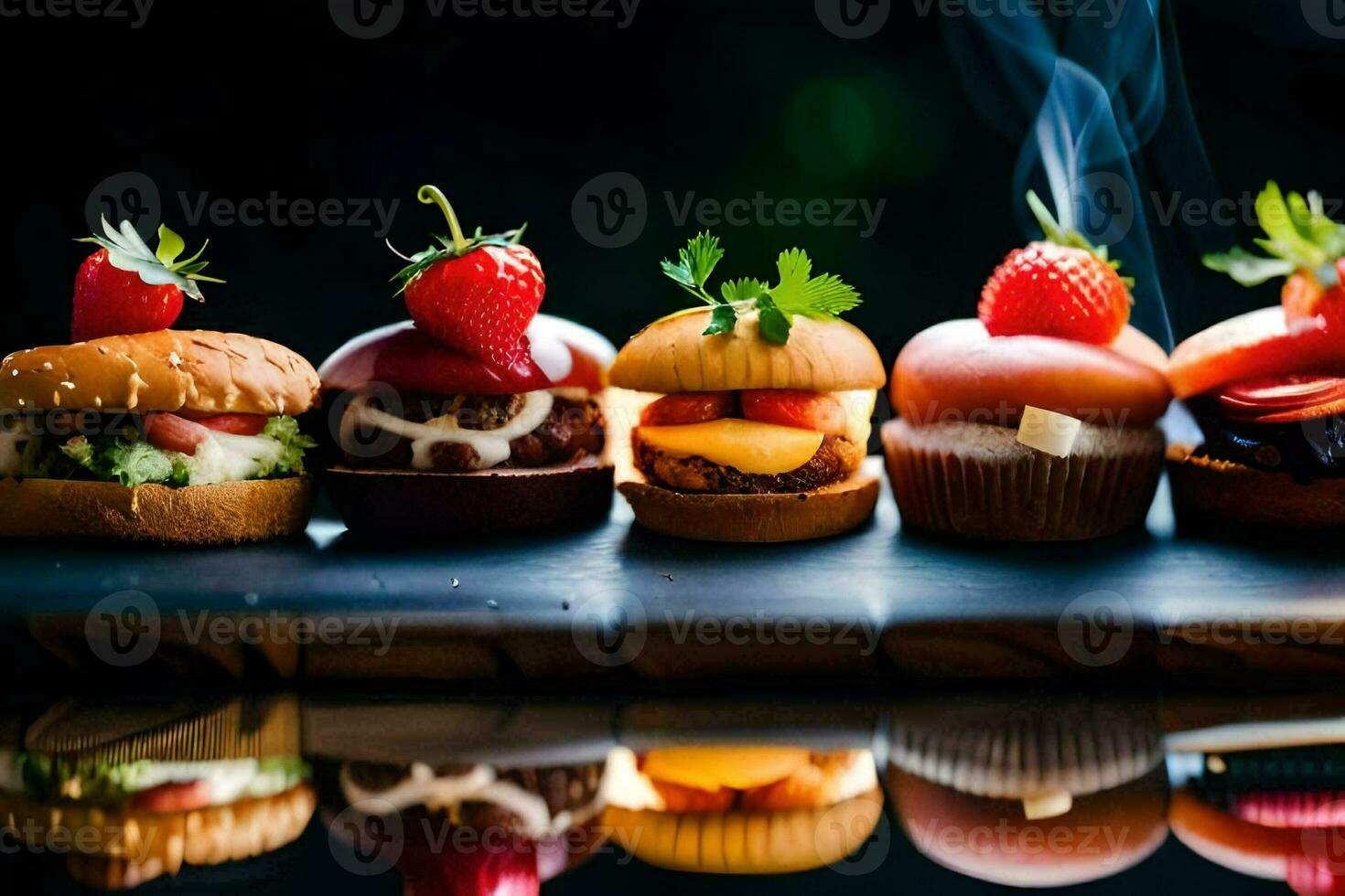 a row of mini sandwiches with strawberries and cheese. AI-Generated photo