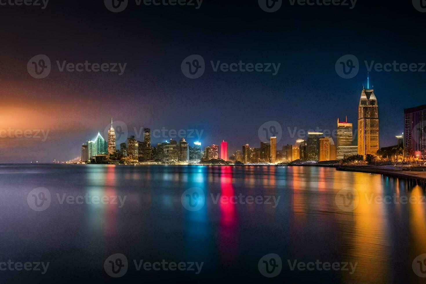 the city skyline at night with lights reflecting in the water. AI-Generated photo