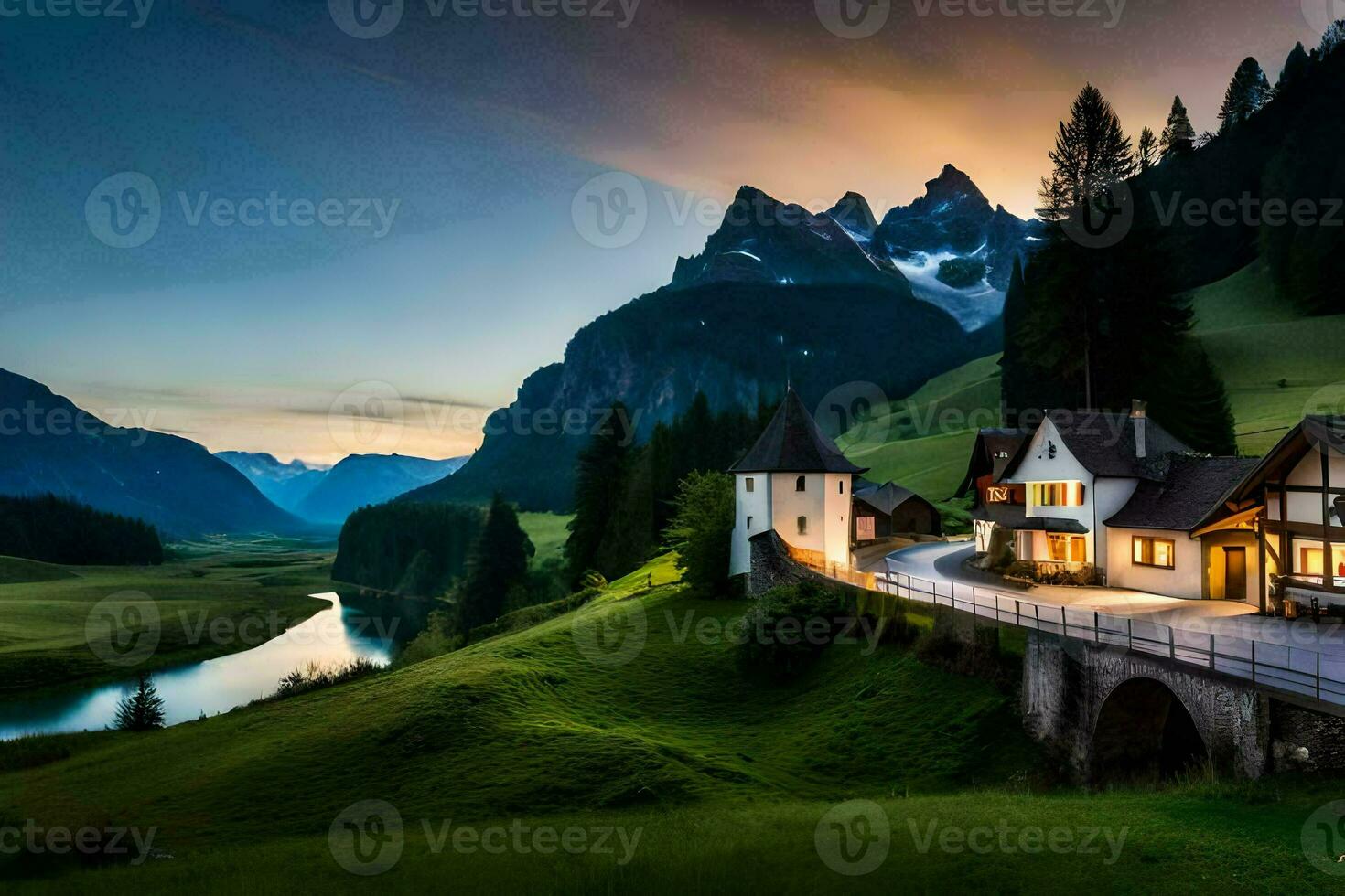 the house in the mountains. AI-Generated photo
