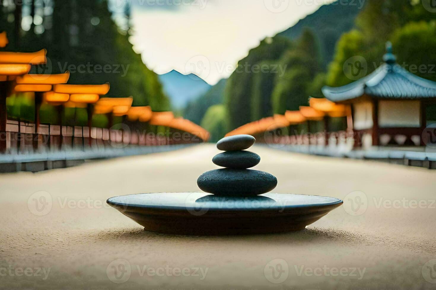 a stone stack sits on the ground in front of a pagoda. AI-Generated photo