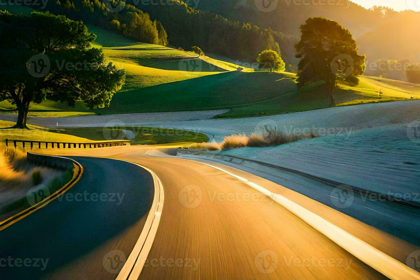 a road in the countryside with a tree in the foreground. AI-Generated photo