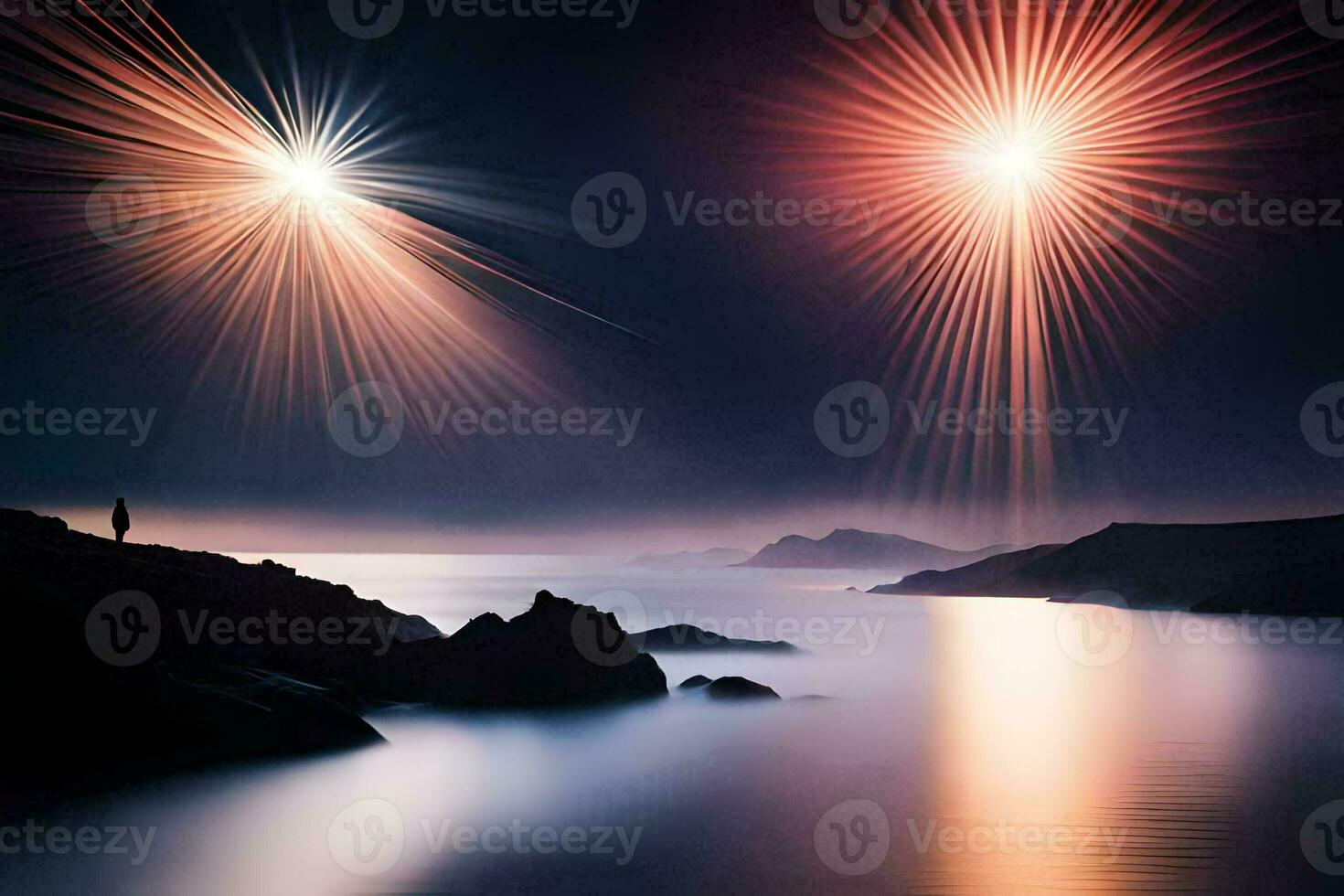 two fireworks are shown over the water. AI-Generated photo