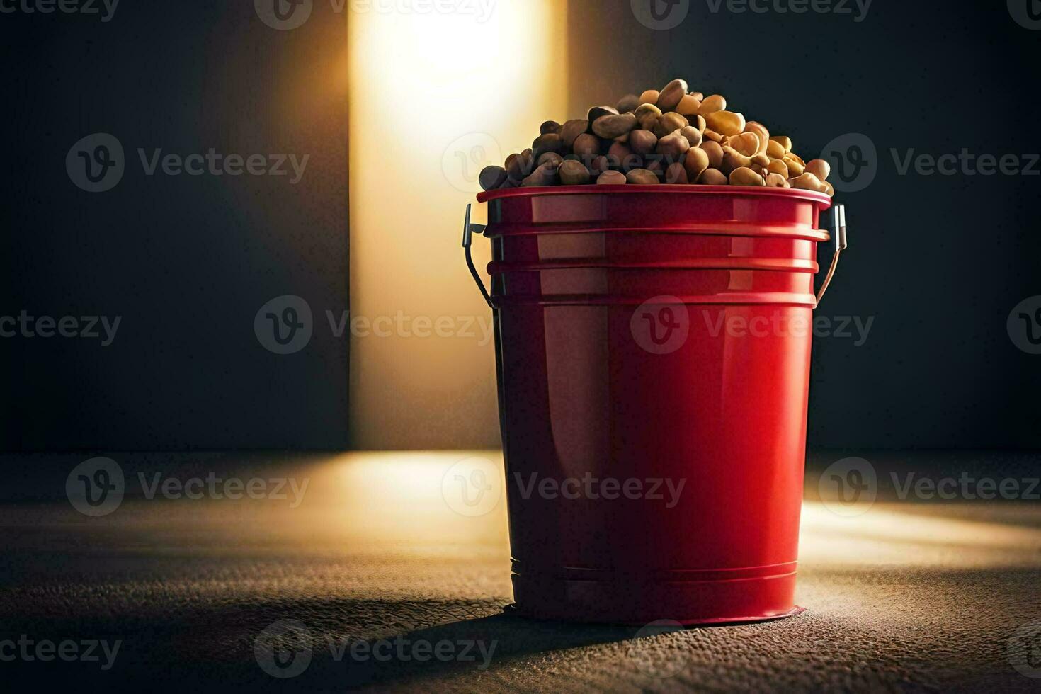 a red bucket filled with peanuts on a table. AI-Generated photo