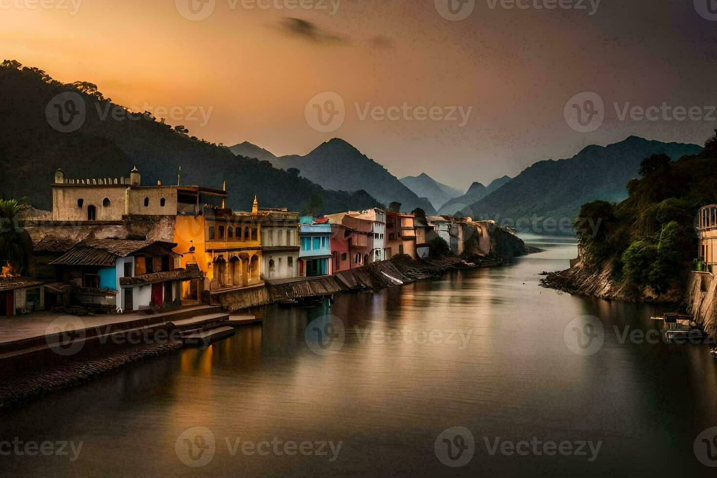 the sun sets over a river in india. AI-Generated photo