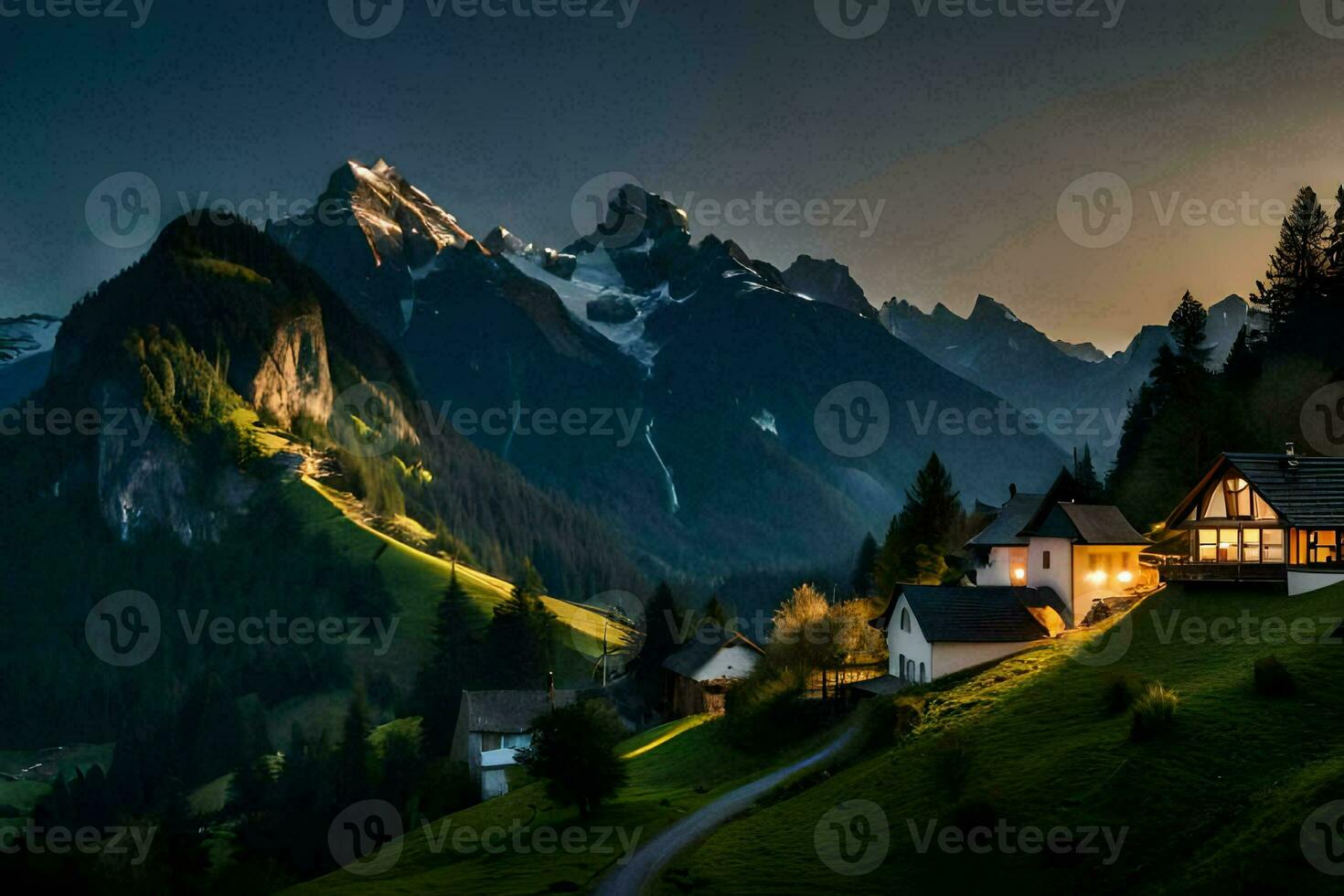 photo wallpaper the sky, mountains, house, the sun, the mountains, the house, the. AI-Generated