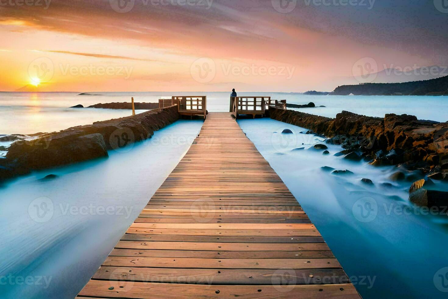 a wooden bridge leads to the ocean at sunset. AI-Generated photo