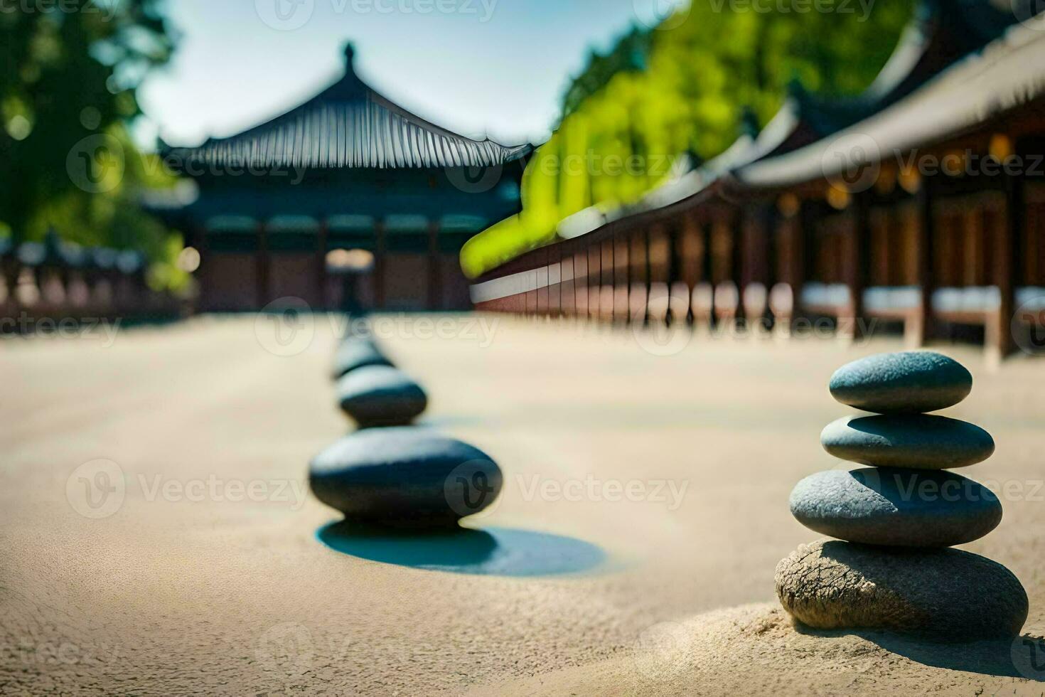 a row of rocks in front of a pagoda. AI-Generated photo