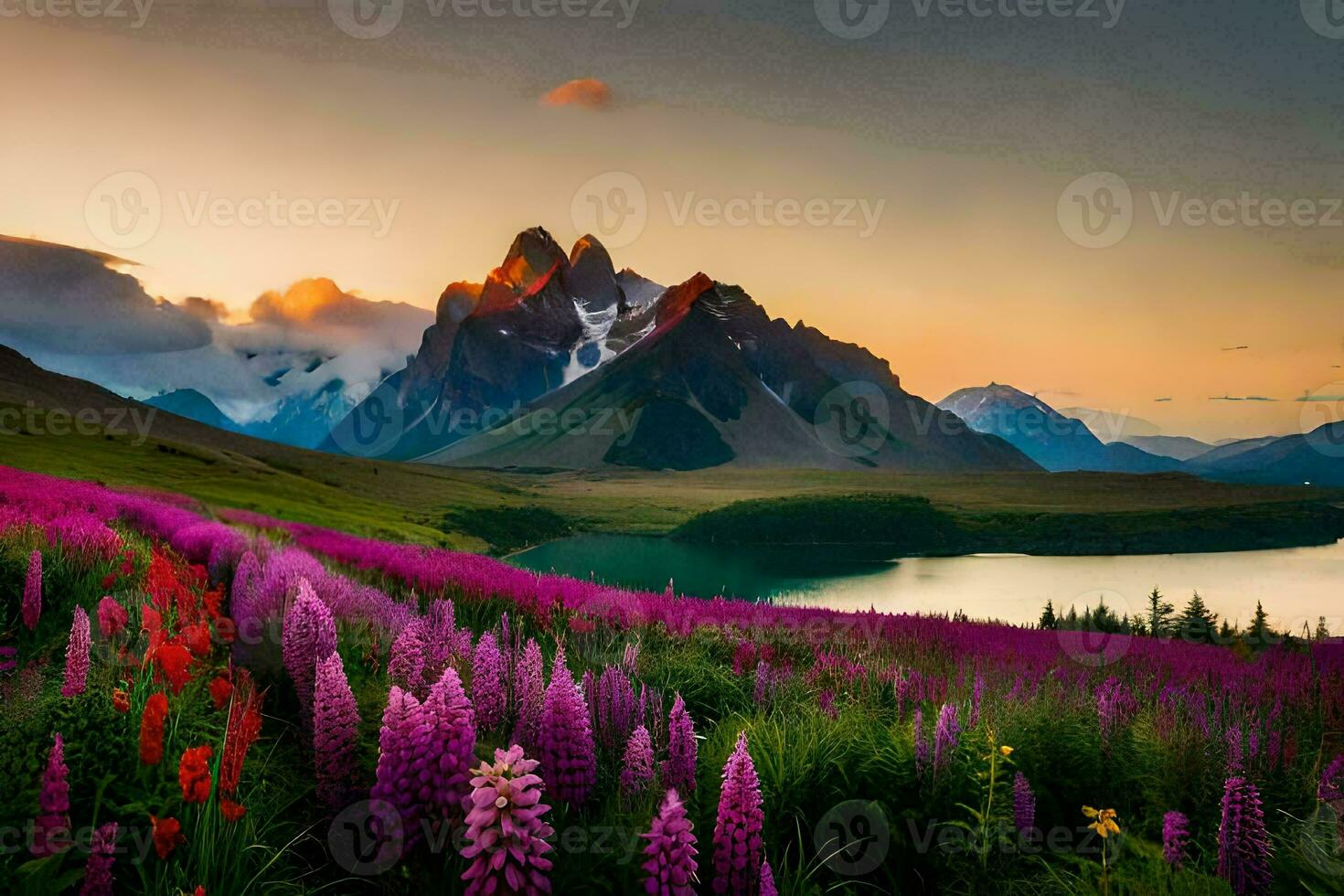 el belleza de el montañas y el flores generado por ai foto