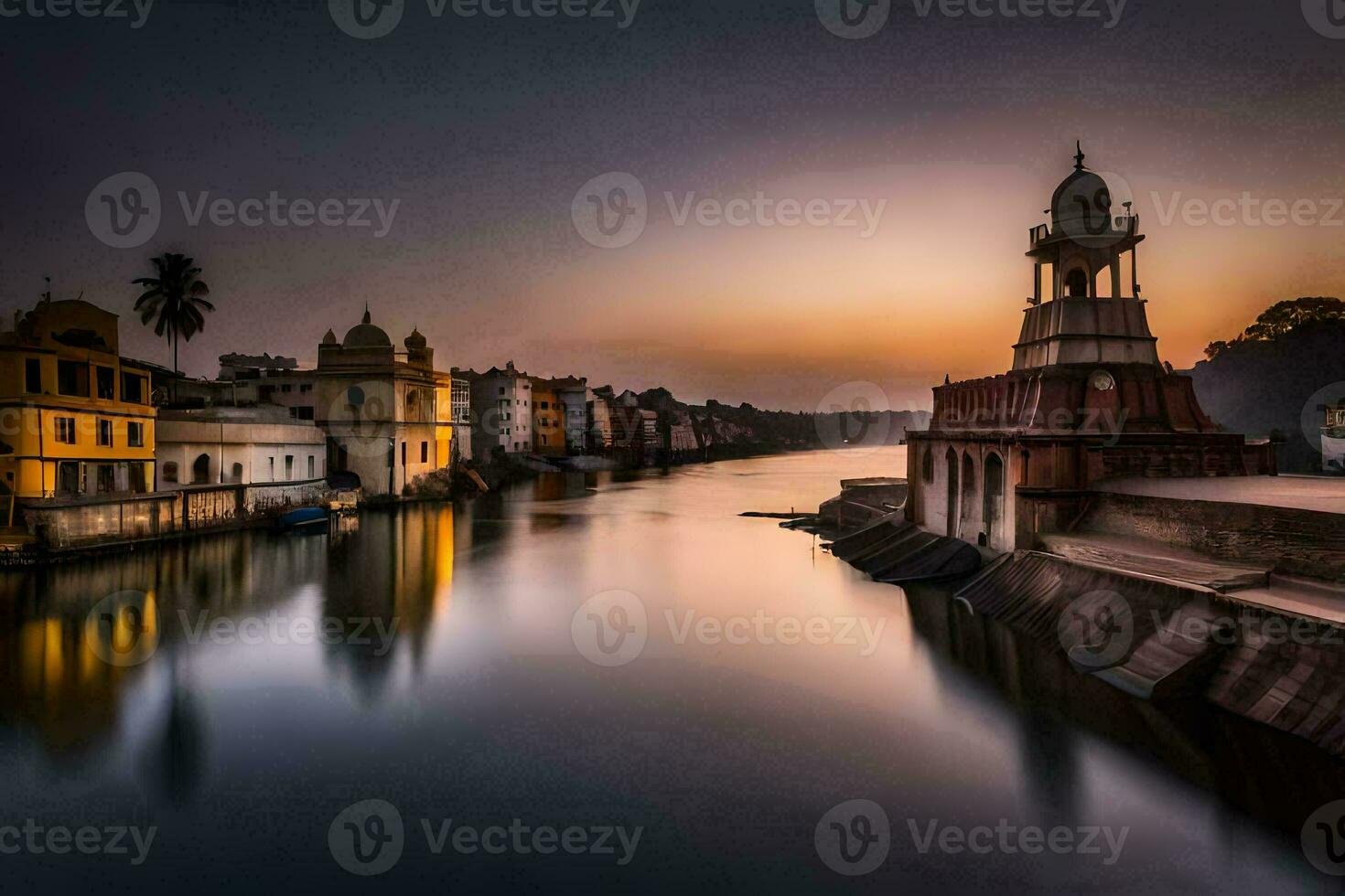 the sun sets over the river in india. AI-Generated photo
