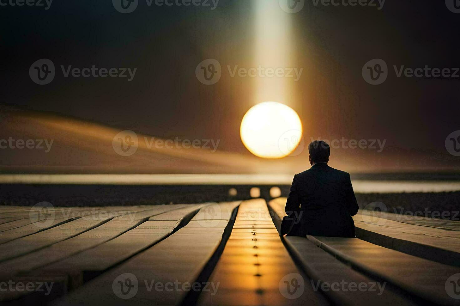 a man sitting on a dock looking at the sun. AI-Generated photo