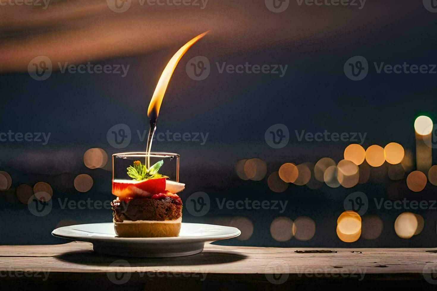 a dessert on a plate with a candle. AI-Generated photo
