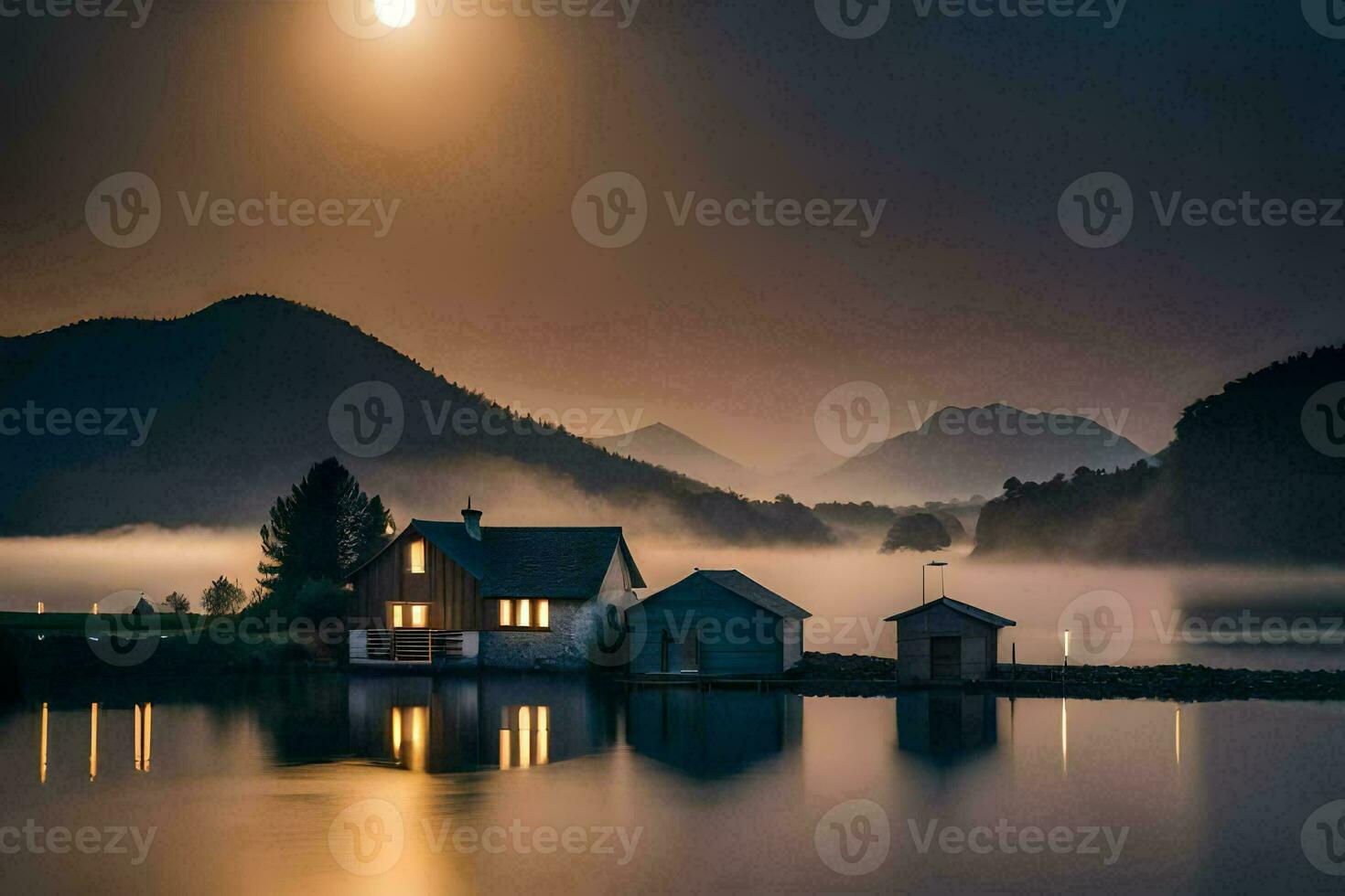 a house sits on the shore of a lake at night. AI-Generated photo