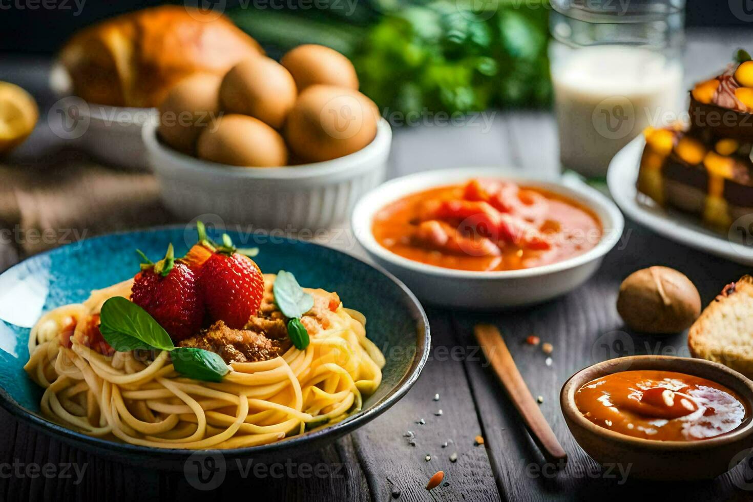 spaghetti with meat sauce, eggs, bread and tomatoes. AI-Generated photo