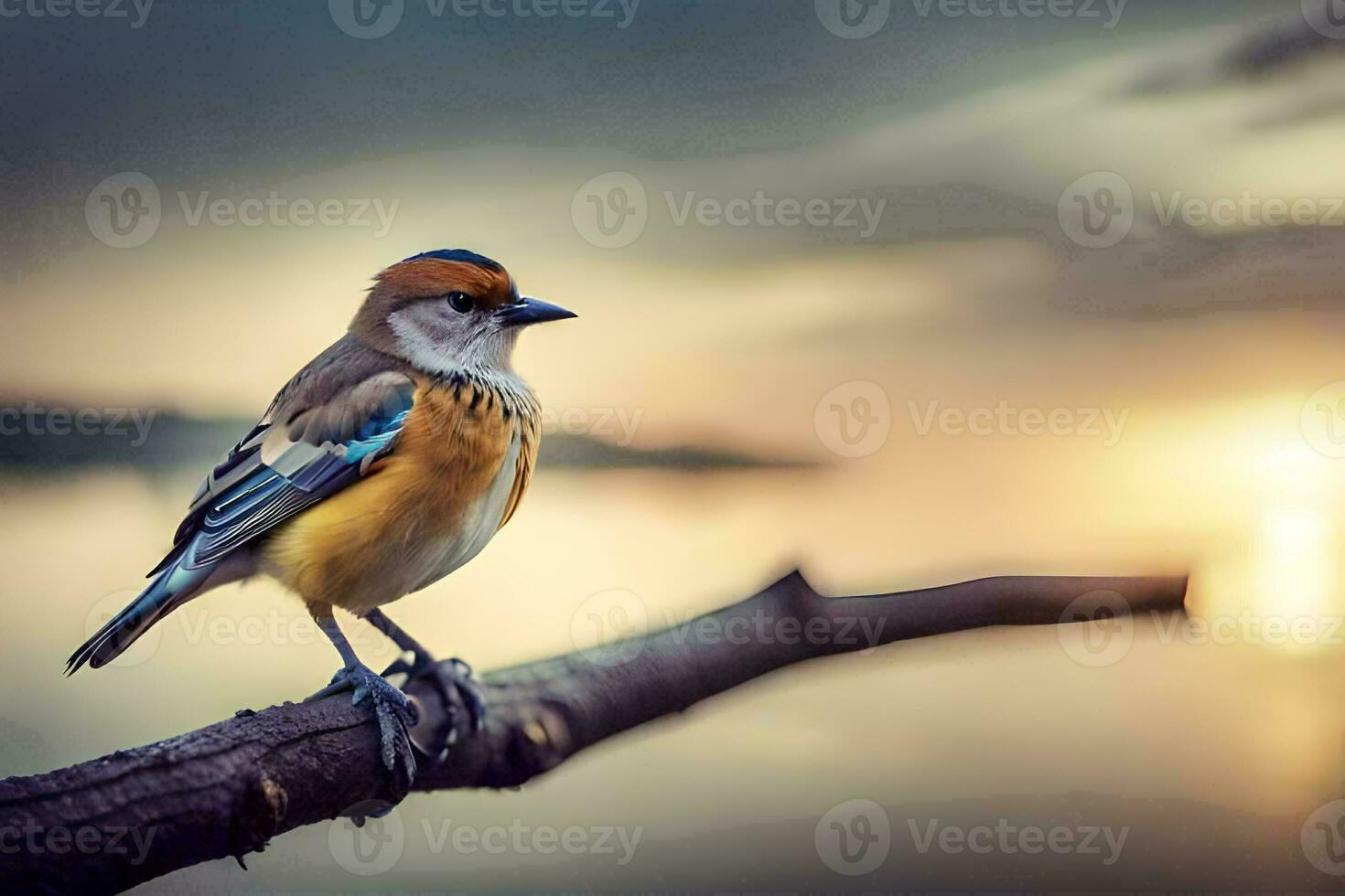 a bird sits on a branch in front of the water. AI-Generated photo