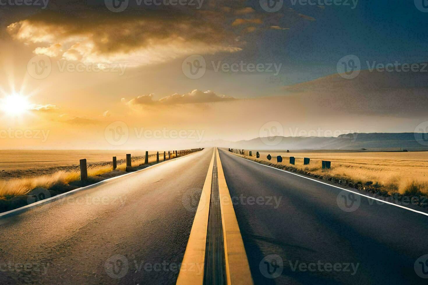 an empty road in the middle of a field at sunset. AI-Generated photo