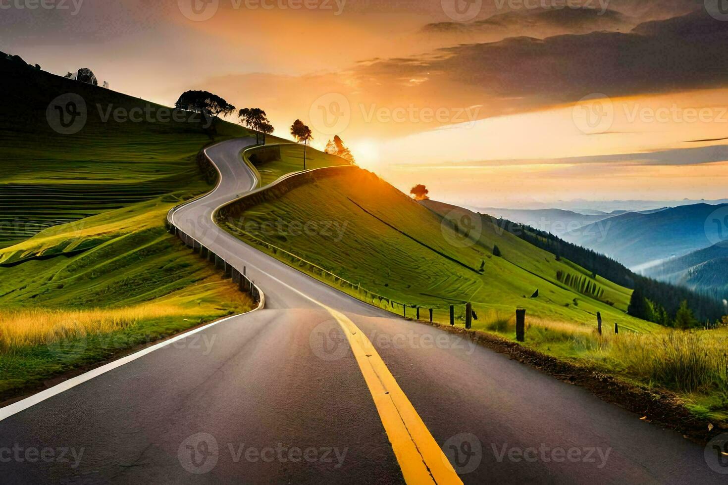 a road in the mountains with a sunset. AI-Generated photo