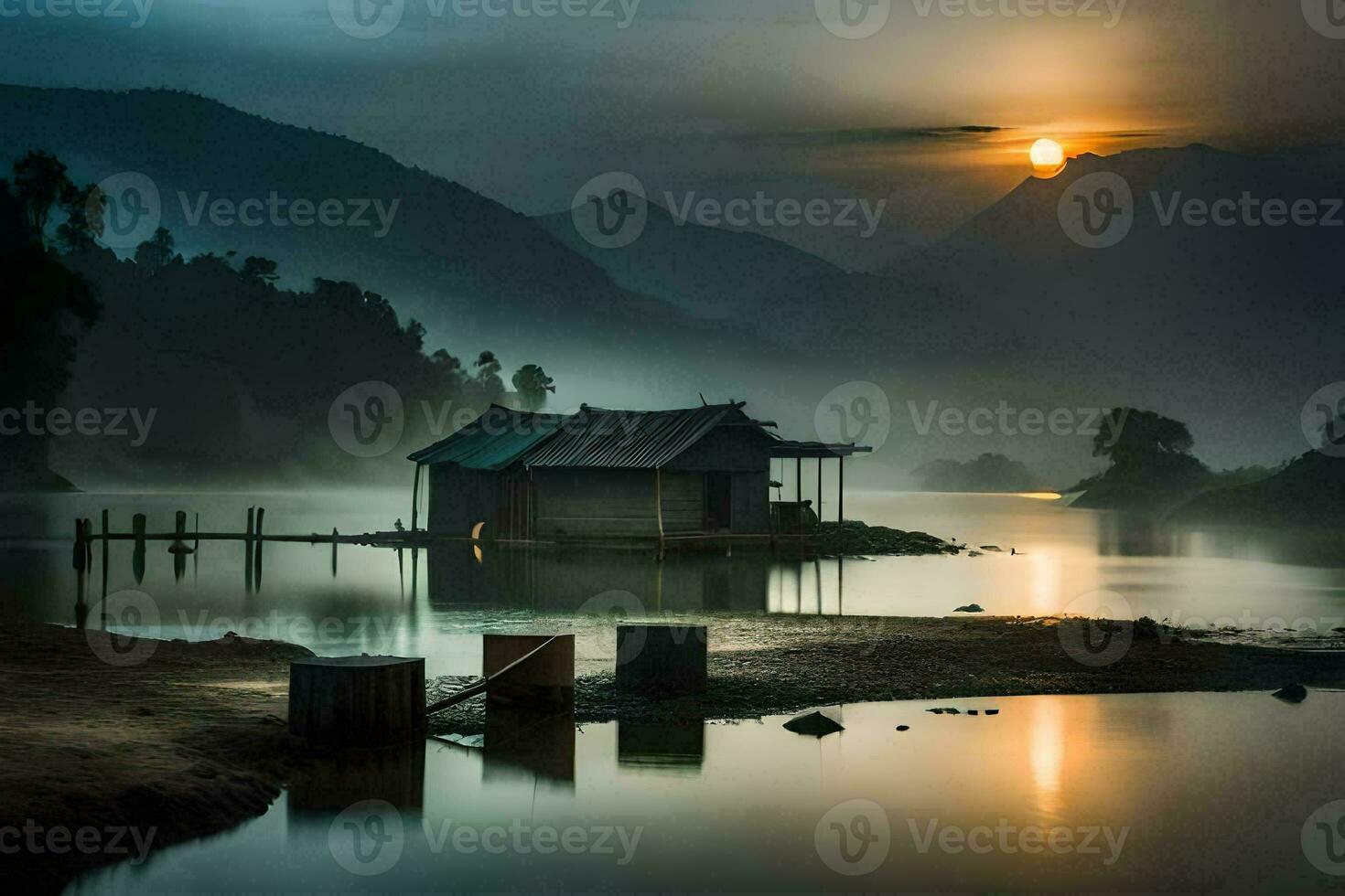 a small house sits on the shore of a lake at sunrise. AI-Generated photo