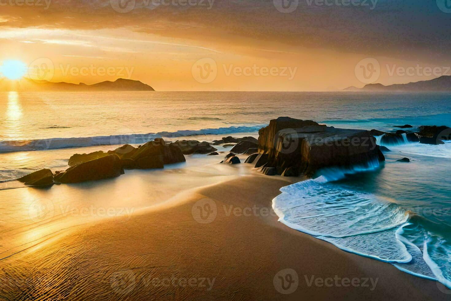 the sun sets over a beach with rocks and water. AI-Generated photo