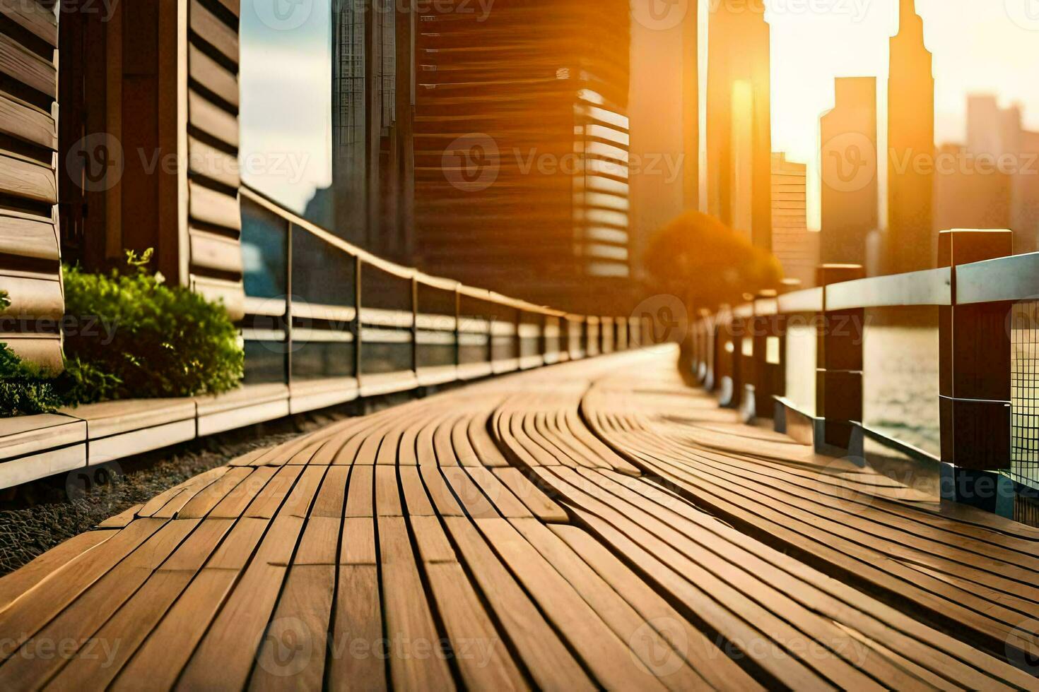 a long wooden walkway with a city skyline in the background. AI-Generated photo