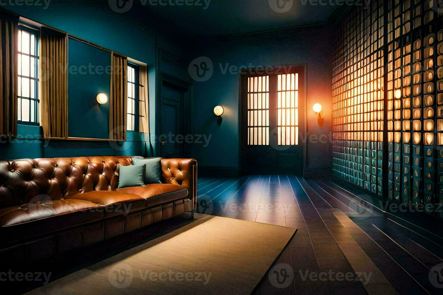 a dark room with a leather couch and a wall of windows. AI-Generated photo
