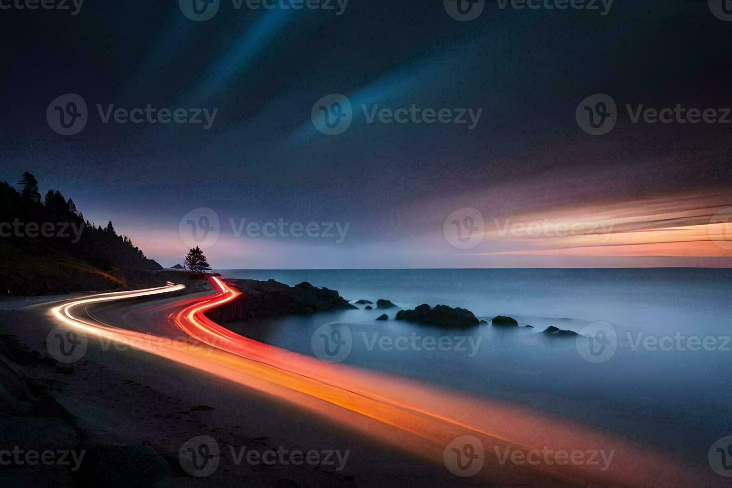 a long exposure photograph of a road and ocean at night. AI-Generated photo