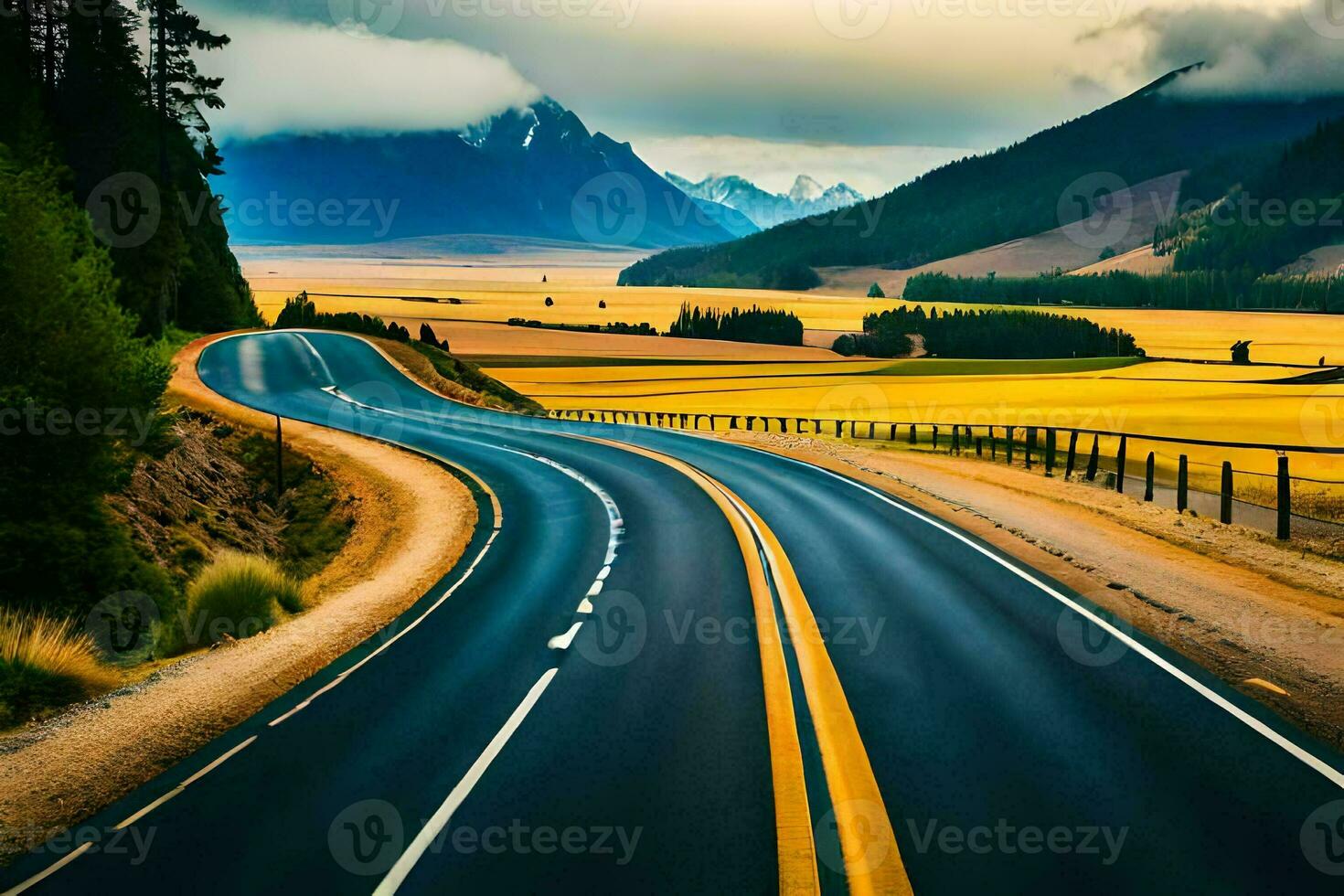 a long road with mountains in the background. AI-Generated photo