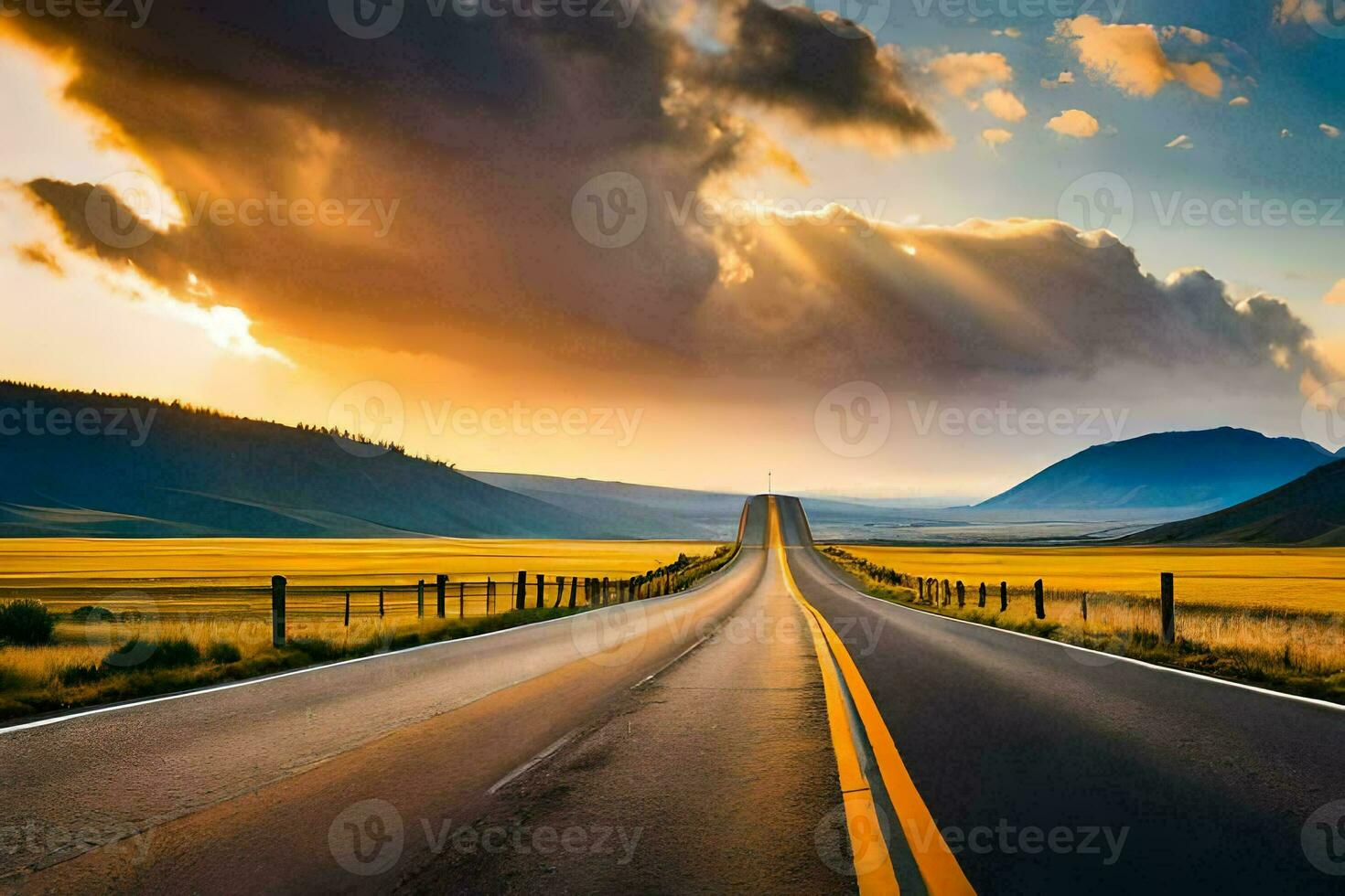 a long road with sun rays shining through the clouds. AI-Generated photo