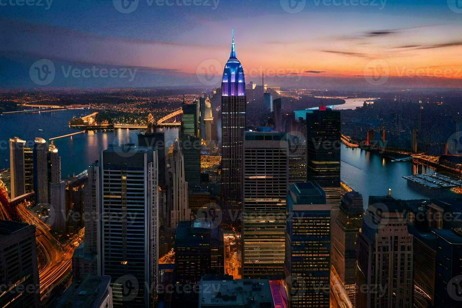 the empire state building is lit up at dusk. AI-Generated photo