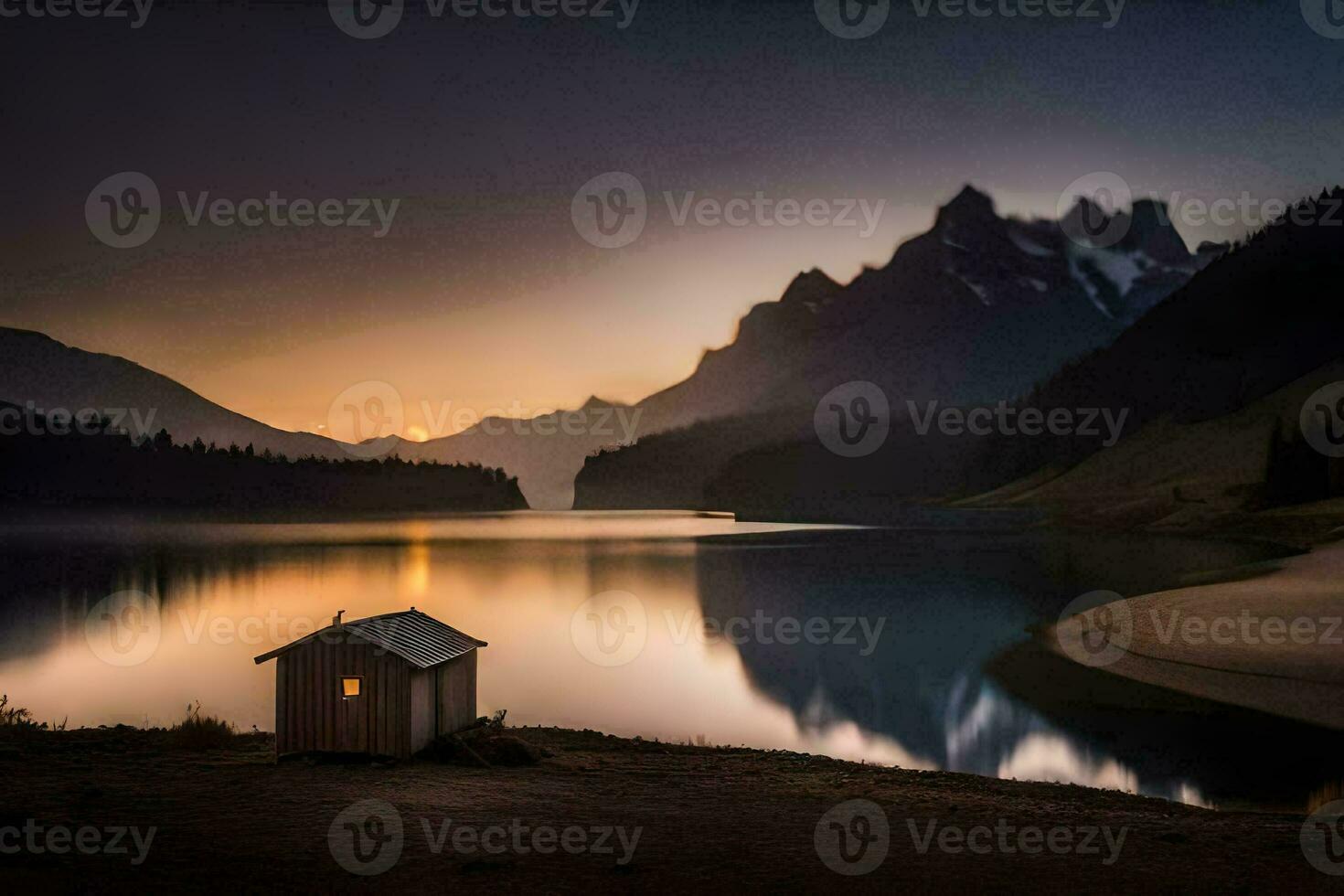 a small hut sits on the shore of a lake at sunset. AI-Generated photo