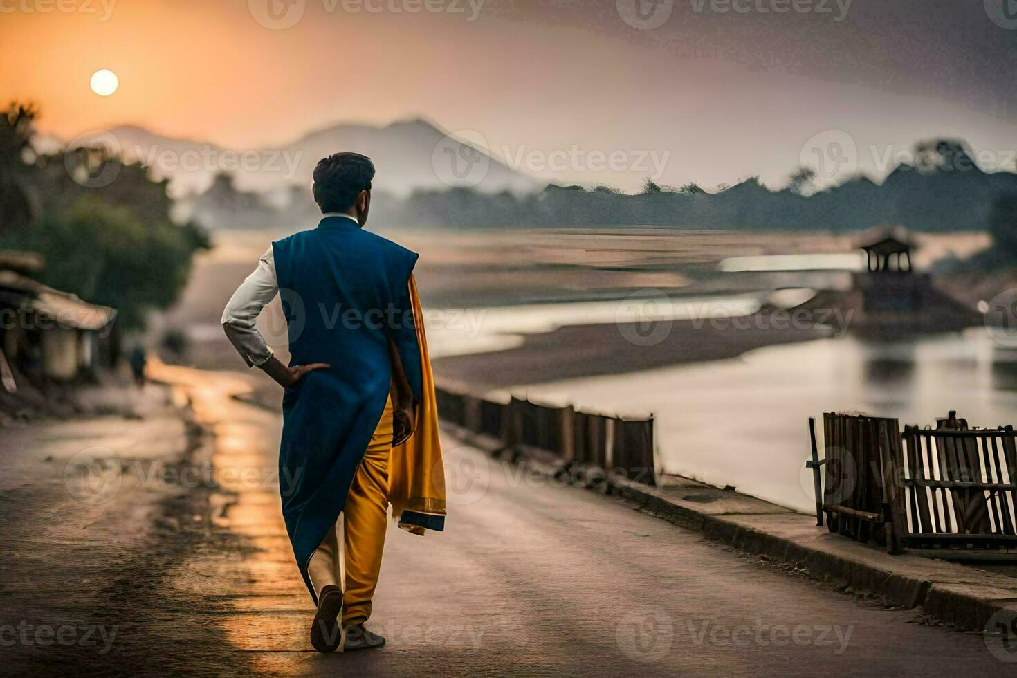 a man in traditional clothing walks along a road at sunset. AI-Generated photo
