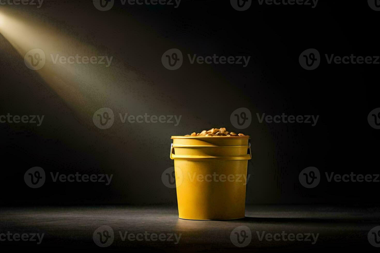 a yellow bucket with peanuts on a dark table. AI-Generated photo
