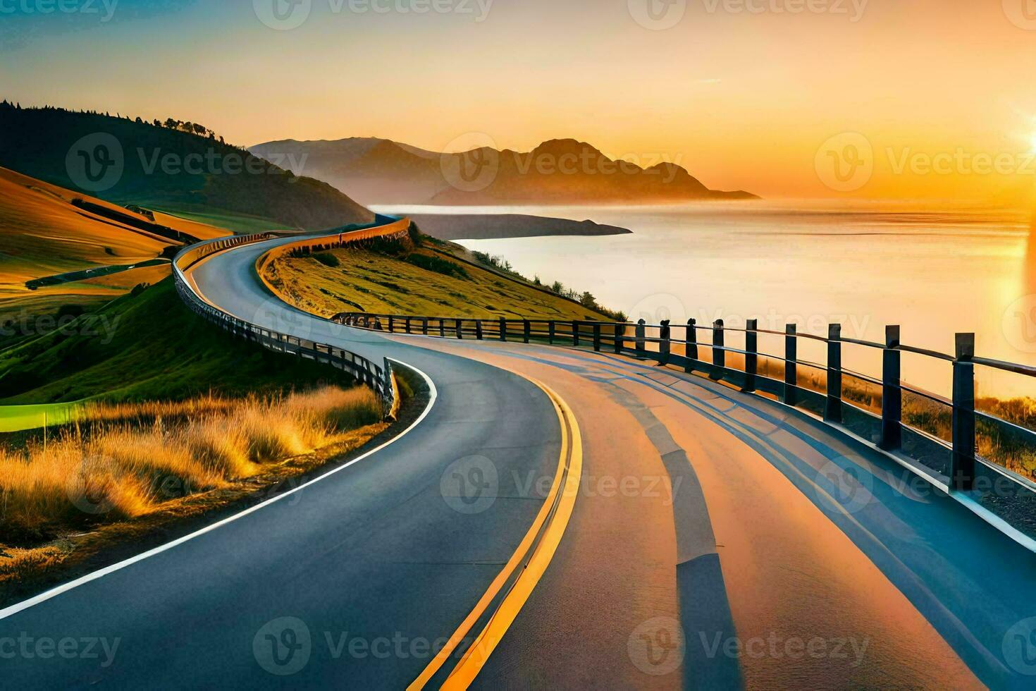 a scenic road with the sun setting over the ocean. AI-Generated photo