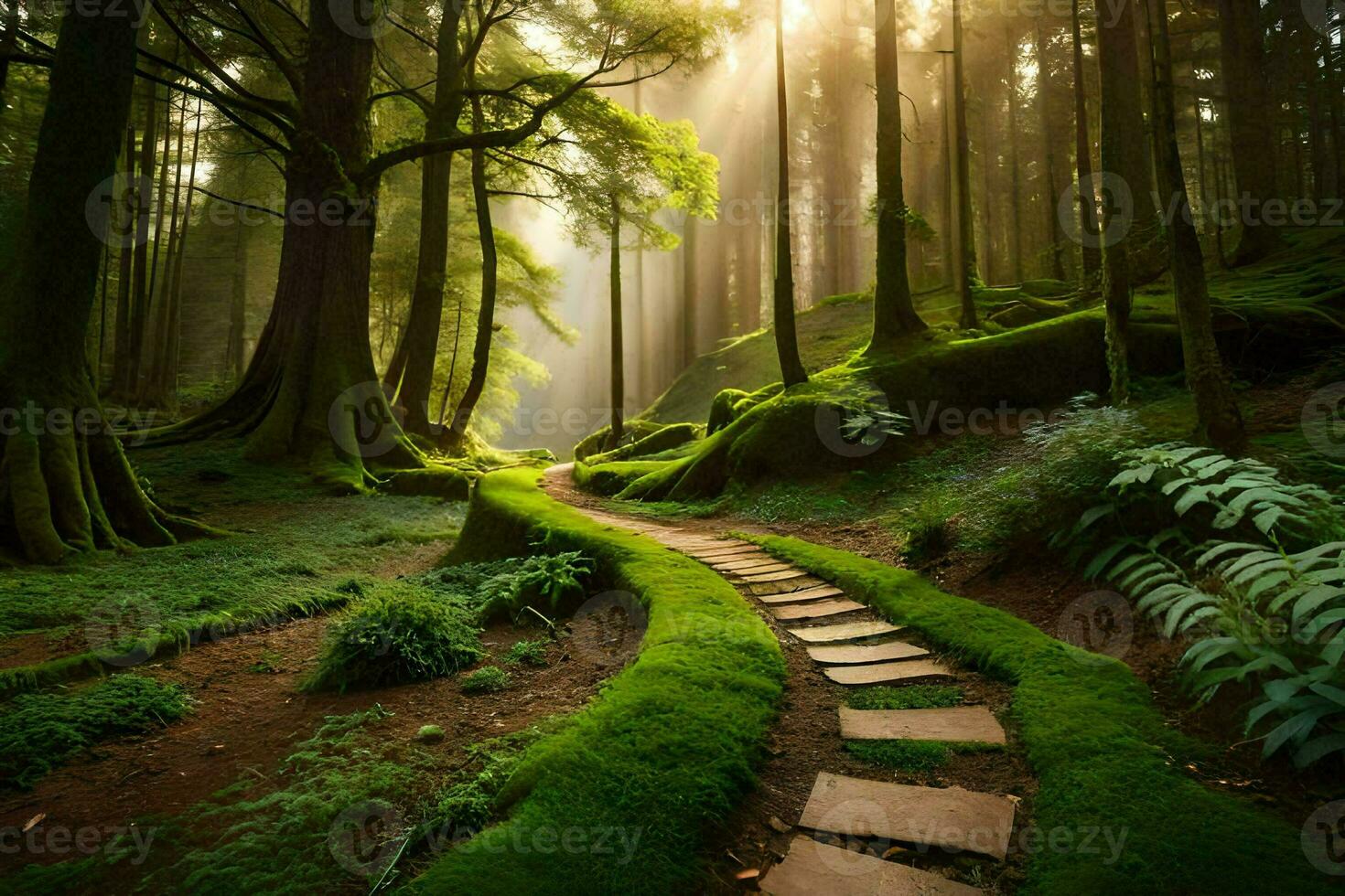 path through the forest with sunlight shining through the trees. AI-Generated photo