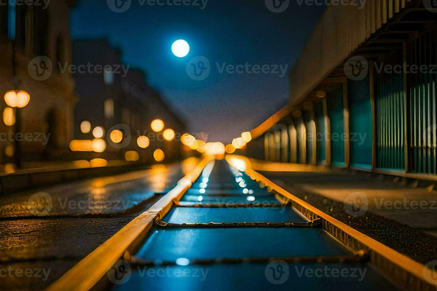 a train track at night with a full moon in the background. AI-Generated photo