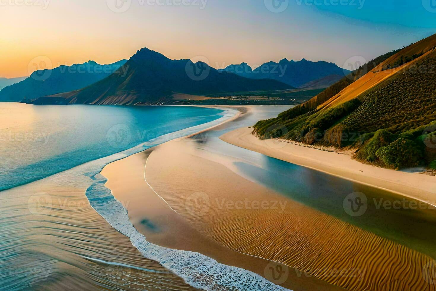 a beautiful beach with mountains and water at sunset. AI-Generated photo