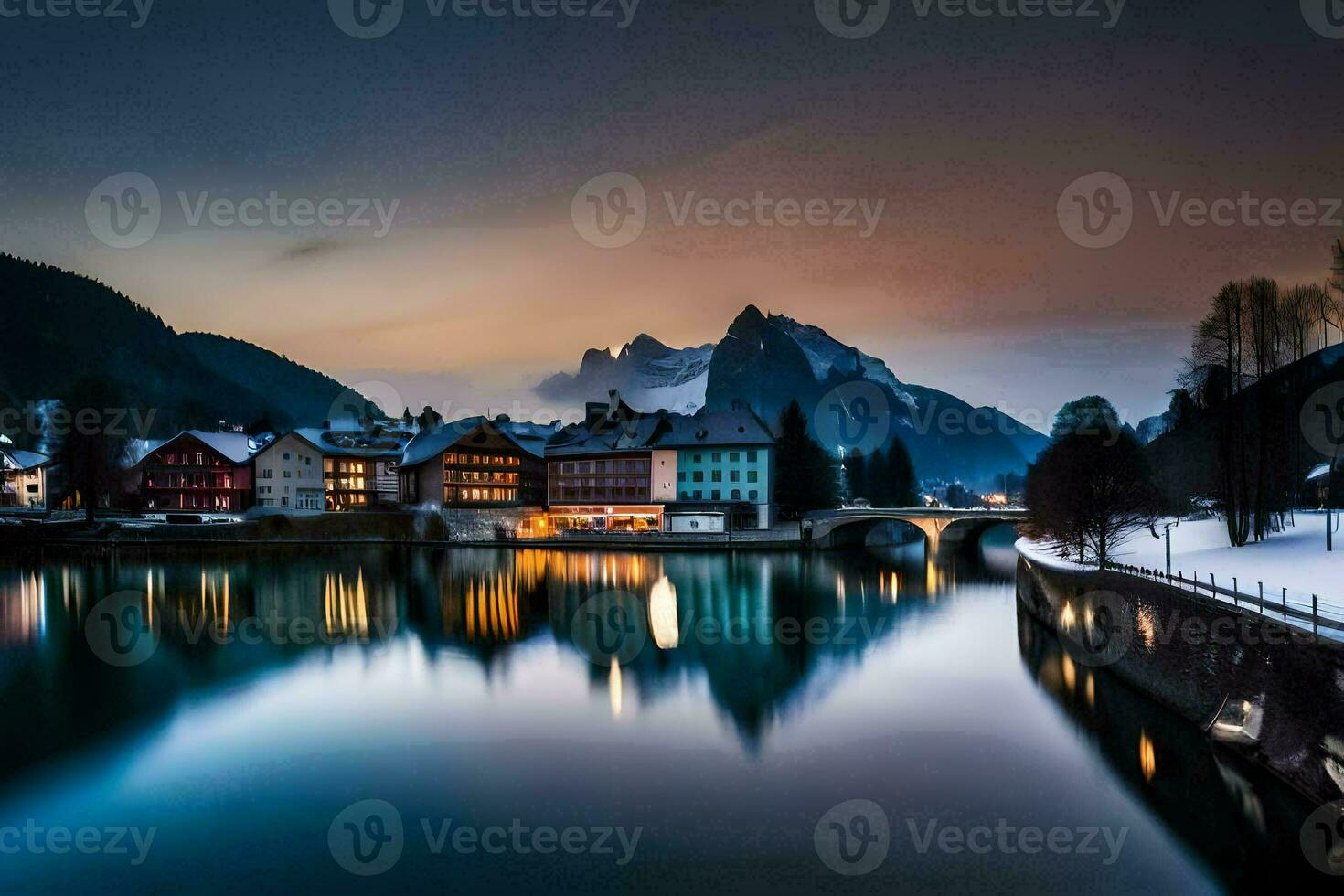 a river and buildings in the snow at dusk. AI-Generated photo